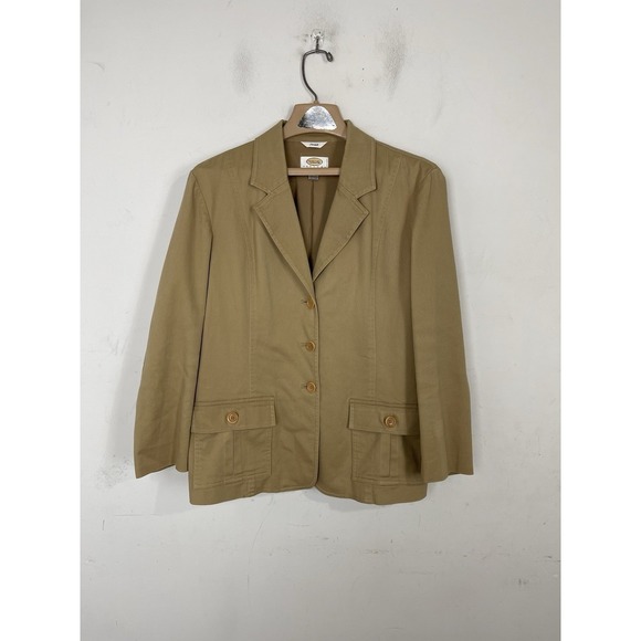 Talbots Jackets & Blazers - Talbots Petites Womens Khaki Tan Cotton Stretch Blazer Jacket Size 12P Utility
